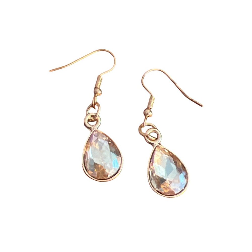 Gold Tone Teardrop Champagne Crystal Dangle Earrings Hoops Faceted Wedding 1.75"